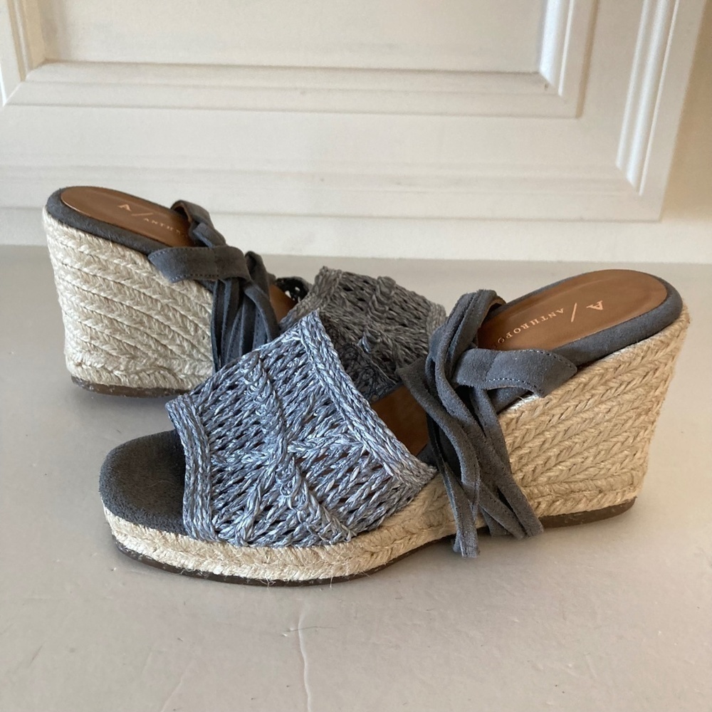 NWOT Anthropologie Tie Up Jute Blue Leather Lace Up Wedge Sandals Sz 40